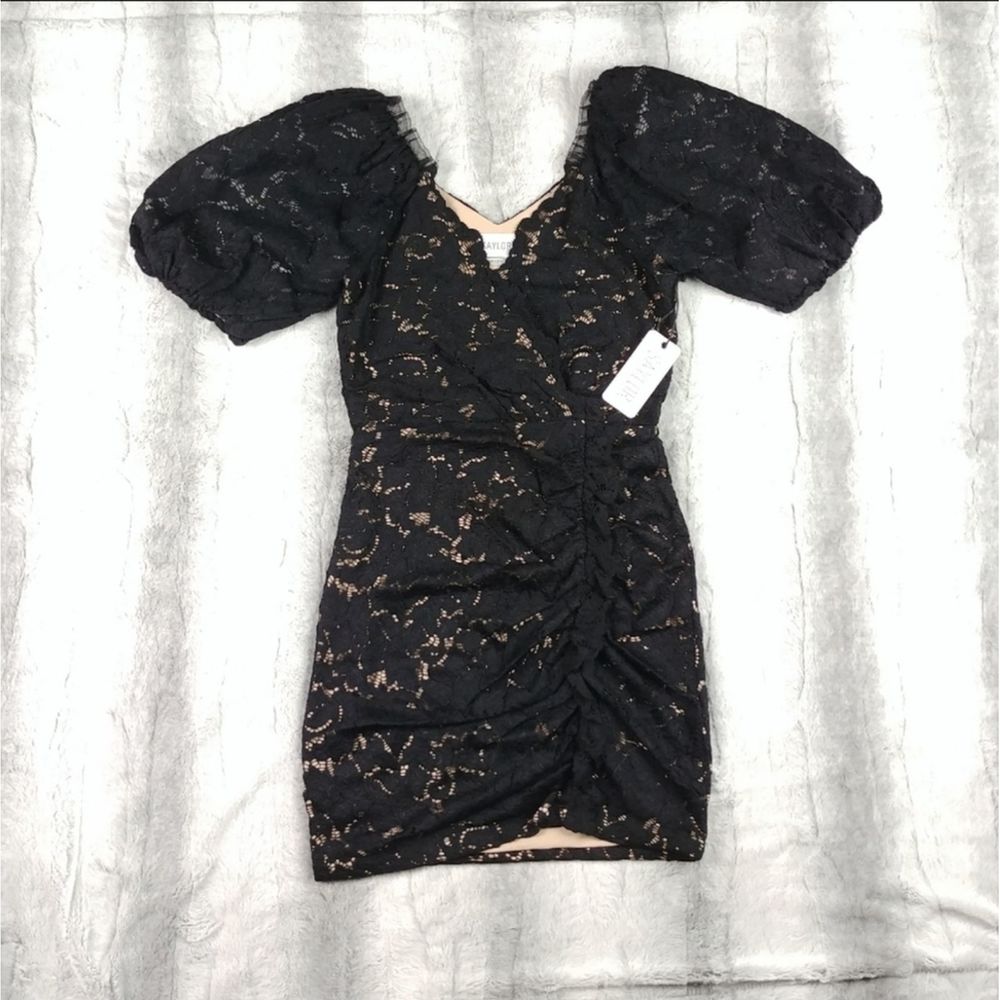 SAYLOR Black Lace Puff Sleeve Ruched Formal Dress